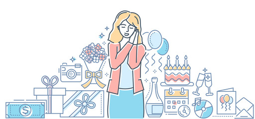 Happy birthday - colorful line design style illustration