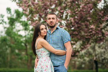 Young couple in love resting in the blooming garden. white blooming trees