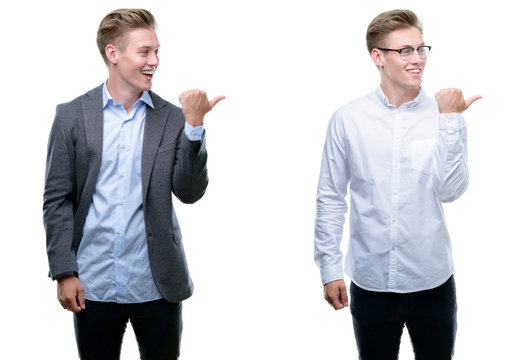 Young handsome blond business man wearing different outfits smiling with happy face looking and pointing to the side with thumb up.