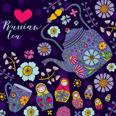 Russian tea and matryoshka dolls. Cute card.