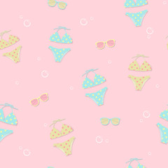 Cute bikini and sunglasses seamless summer pattern background.