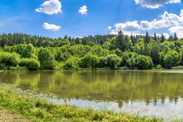 Fototapeta na wymiar Small lake in the forest or pond in fishing district