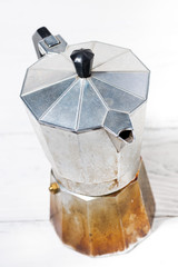 vintage geyser coffee maker, top view closeup