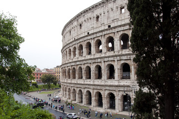 Fototapeta na wymiar Rome city with great colosseum, Italy. Rome colosseo architecture in Italy. Travel to rome - capital of italy. Colosseum amphitheater in Rome, Italy. Roman holiday.
