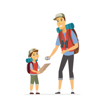 Father and son go camping - cartoon people characters illustration
