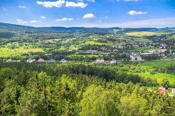 Panoramic view of mountain valley, town landscape, aerial view