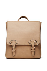 Women's light beige leather bag in vintage style, with a flap top, handle and buckles, front view. The trendy purse for office, business trips or casual occasions isolated over the white background.