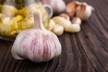 fragrant garlic on a wooden rustic background