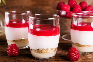 Raspberry dessert from whipped white chocolate mousse and raspbe