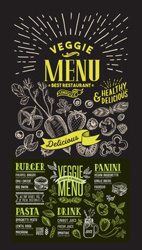 Veggie menu for restaurant. Vector food flyer for bar and cafe. Design template on chalkboard background with food hand-drawn graphic illustrations.