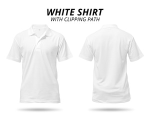 White shirt isolated on white background. Blank polo shirt for design. ( Clipping path ) - obrazy, fototapety, plakaty