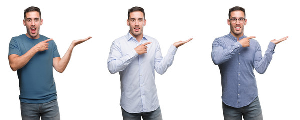 Handsome young man wearing different outfits amazed and smiling to the camera while presenting with hand and pointing with finger.