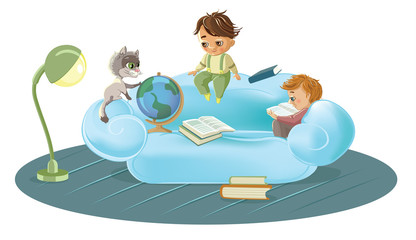 Kids in group studying inside the house with a cat with a globe on a white background. Vector illustracion.