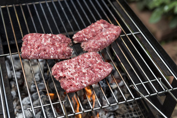 Raw Sausages cook on the grill