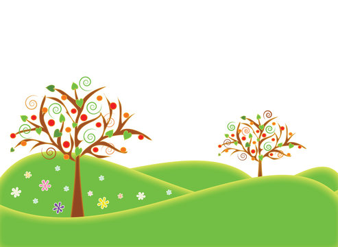 Background illustrations summer season with fruit trees in the landscape. Format vector and jpg.