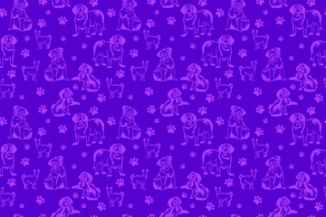 Seamless pattern of cute dogs and paws. Dogs are Havaneser, Basset hound, Chihuahua and pug