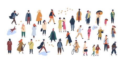 Crowd of tiny people dressed in autumn clothes or outerwear walking on street and performing outdoor activities. Group of men and women isolated on white background. Flat cartoon vector illustration.