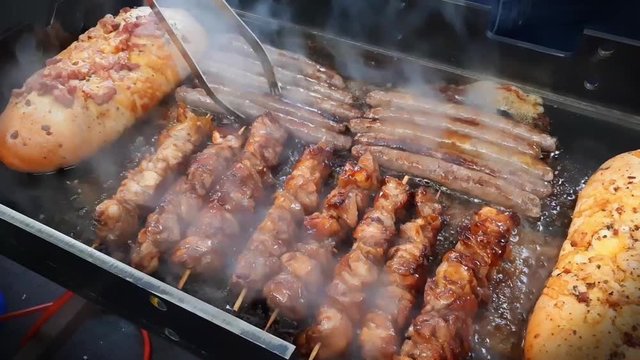 Barbecue Grilled Meat On Grill.