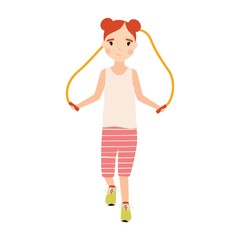 Obraz premium Little happy girl dressed in sportswear with jumping rope isolated on white background