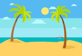 Fototapeta na wymiar Summer Beach Landscape with Blue Sea, Hot Sand Sky
