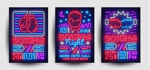 Boxing Flyer collection design template. Boxing night Light Banner, Design Boxing Match Invitation, Neon Style, Bright Brochure, Typography, Bright Neon Advertising. Vector illustration