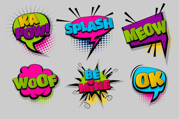 Kapow meow ok pop set hand drawn pictures effects template comics speech bubble halftone dot background pop art style. Comic dialog cloud. Idea conversation sketch explosion.