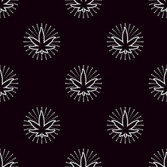 Vector seamless pattern. Sheet of cannabis with ornate rays on a black background. Dark style old school.