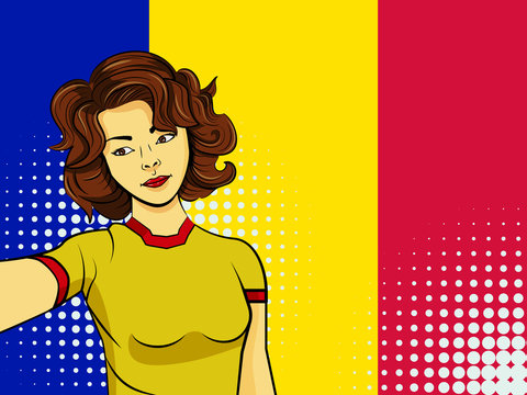 Asian woman taking selfie photo in front of national flag Andorra in pop art style illustration. Element of sport fan illustration for mobile and web apps