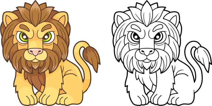 cartoon cute lion sitting in the grass, funny design illustration