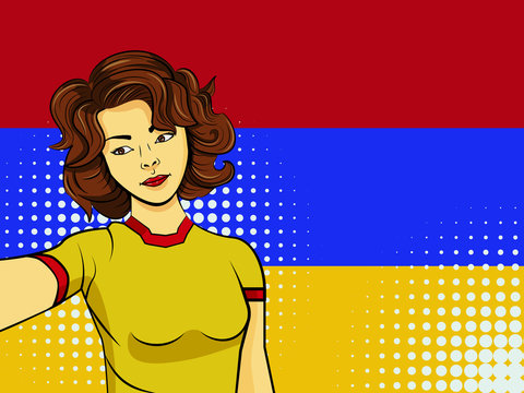 Asian woman taking selfie photo in front of national flag Armenia in pop art style illustration. Element of sport fan illustration for mobile and web apps