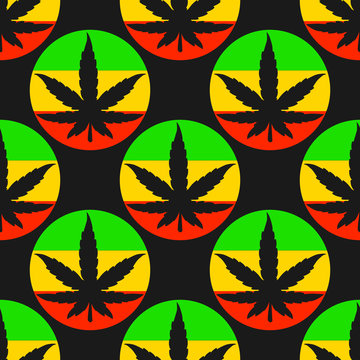 Vector Seamless pattern silhouette sheet of cannabis with bright rasta circles.