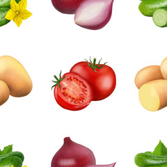 Seamless pattern with vegetables. Vegeterian food isolated on white background. Tomato, pumpkin, cabbage, potatoes onion broccoli carrot pepper and garlic. 3d realism vector illustration.