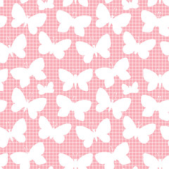 Butterfly silhouette. Pink seamless pattern mesh texture. Vector illustration isolated on a pink trend color background.