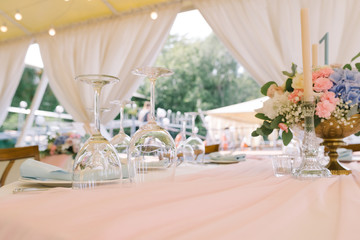 Wedding flowers and festive table layout