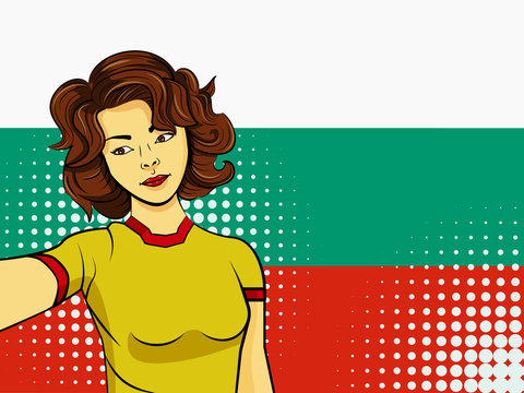 Asian woman taking selfie photo in front of national flag Bulgaria in pop art style illustration. Element of sport fan illustration for mobile and web apps