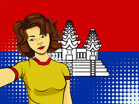 Asian woman taking selfie photo in front of national flag Cambodia in pop art style illustration. Element of sport fan illustration for mobile and web apps