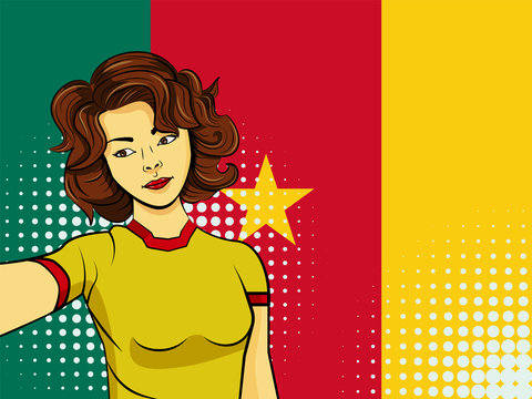 Asian woman taking selfie photo in front of national flag Cameroon in pop art style illustration. Element of sport fan illustration for mobile and web apps
