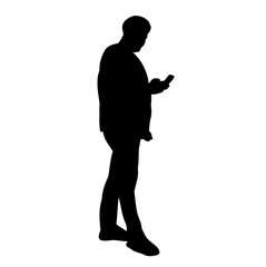isolated silhouette of guy with phone on white background