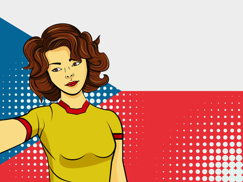 Asian woman taking selfie photo in front of national flag Czech Republic in pop art style illustration. Element of sport fan illustration for mobile and web apps