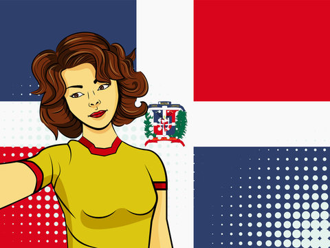 Asian woman taking selfie photo in front of national flag Dominican Republic in pop art style illustration. Element of sport fan illustration for mobile and web apps