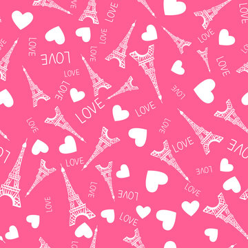 Vector Seamless pattern. Illustration white ink Eiffel Tower on pink background. Handwritten inscription LOVE 