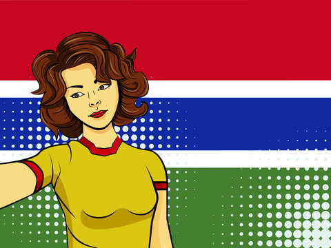 Asian woman taking selfie photo in front of national flag Gambia in pop art style illustration. Element of sport fan illustration for mobile and web apps