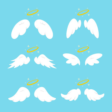 Cute angel wings with halo. Vector cartoon flat icons set isolated on blue background.