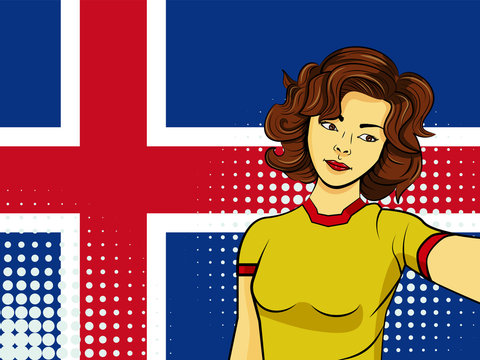 Asian woman taking selfie photo in front of national flag Iceland in pop art style illustration. Element of sport fan illustration for mobile and web apps