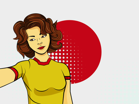Asian woman taking selfie photo in front of national flag Japan in pop art style illustration. Element of sport fan illustration for mobile and web apps
