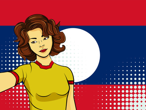 Asian woman taking selfie photo in front of national flag Laos in pop art style illustration. Element of sport fan illustration for mobile and web apps