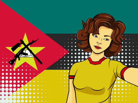 Asian woman taking selfie photo in front of national flag Mozambique in pop art style illustration. Element of sport fan illustration for mobile and web apps