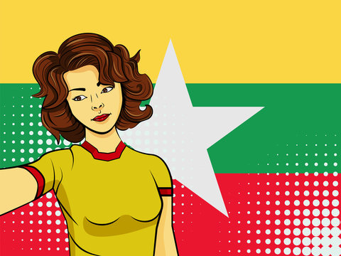 Asian woman taking selfie photo in front of national flag Myanmar in pop art style illustration. Element of sport fan illustration for mobile and web apps