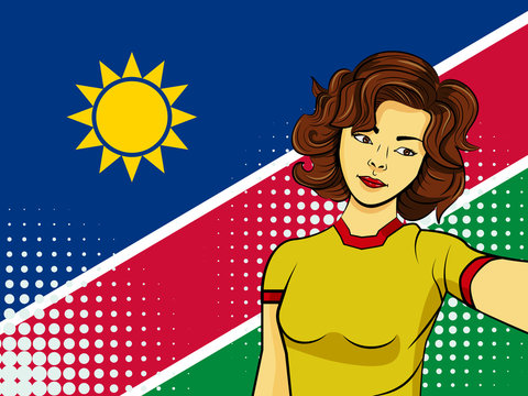 Asian woman taking selfie photo in front of national flag Namibia in pop art style illustration. Element of sport fan illustration for mobile and web apps