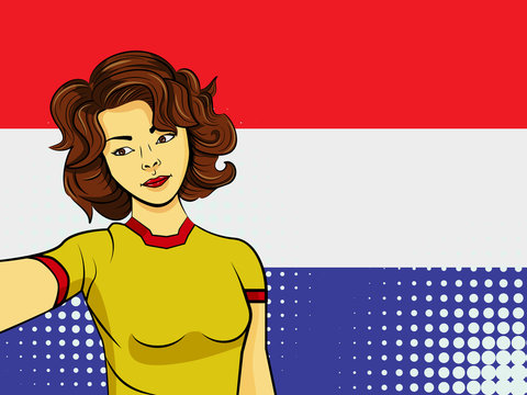 Asian woman taking selfie photo in front of national flag Netherlands in pop art style illustration. Element of sport fan illustration for mobile and web apps